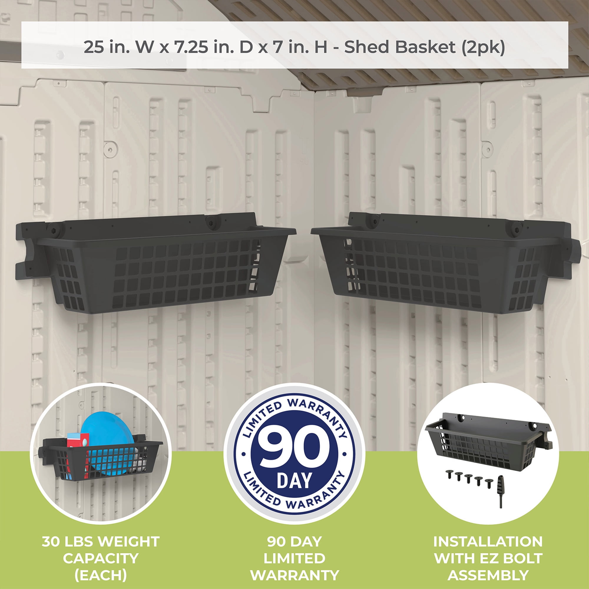 Suncast 8 Pack 25 x 7.25 Inch Resin Basket Accessory for Outdoor Shed, Black