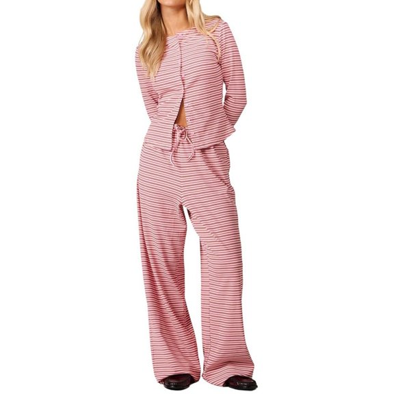 RDKTPXZ Women's Striped 2-Piece Lounge Set, Long Sleeve Button Front Top & Drawstring Wide Leg Pants