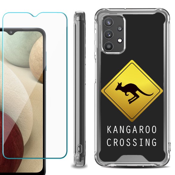 Shockproof Bumper Phone Case for Samsung Galaxy A32 5G, with Tempered Glass Screen Protector, by OneToughShield ® - Road Sign Kangaroo