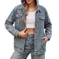 thumbnail image 5 of Nowekniz Women's Hooded Denim Shacket Jacket, Drawstring Button Front Long Sleeve Washed Jean Jacket with Pockets, Casual Western Outerwear, 5 of 5
