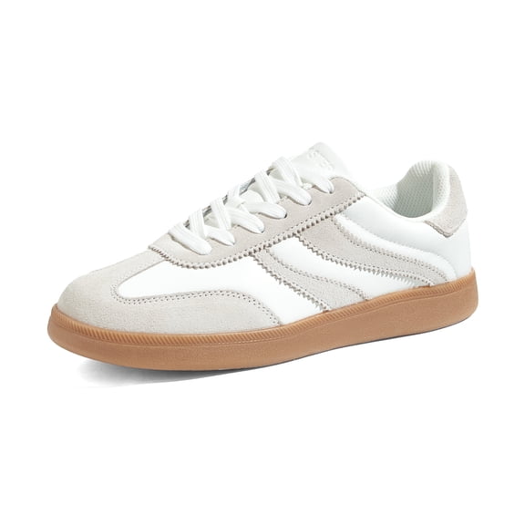 LUCKY STEP Womens Retro Suede Sneakers Gum Sole Low-Top Casual Shoes,White&Grey