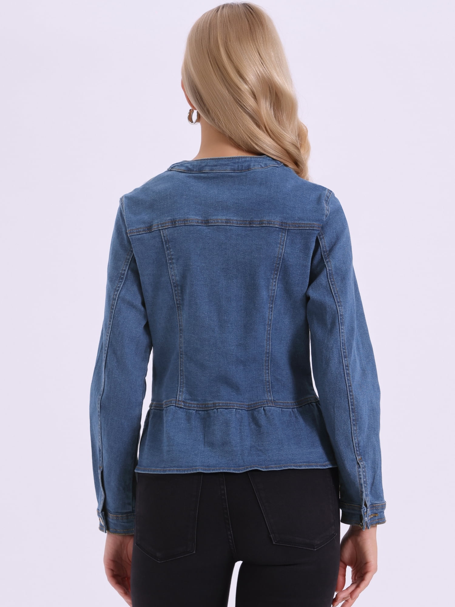 DARING DIVA Women's Peplum Hem Button Down Collarless Jean Jacket XS Blue