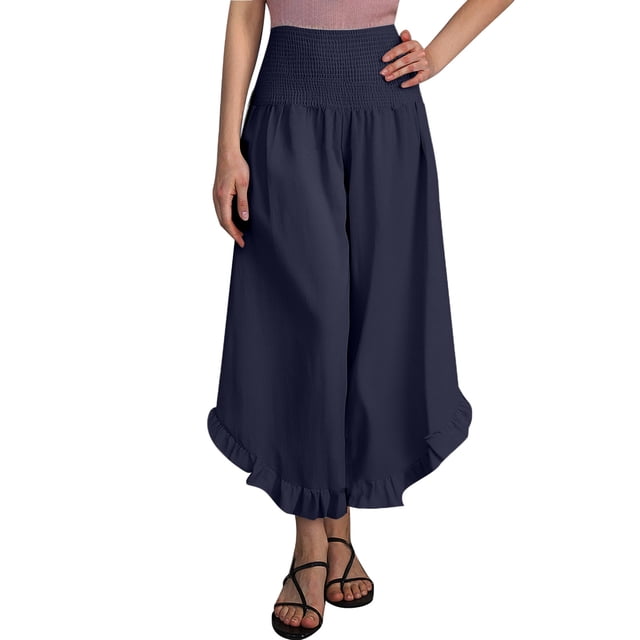 Pantalones anchos de lino para mujer - Pantalones palazzo de playa con cintura fruncida y dobladillo con volantes, con bolsillos, para uso informal, viajes, vacaciones y trabajo