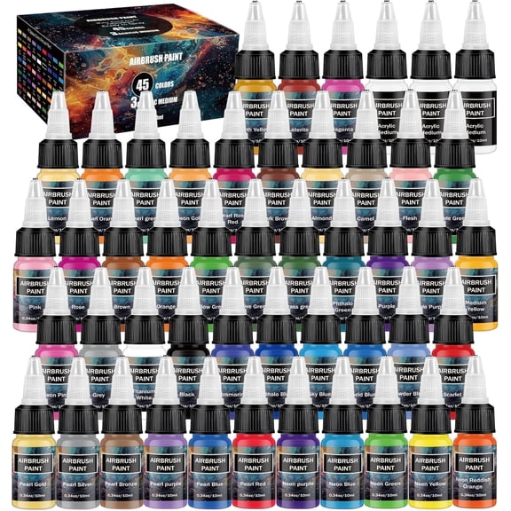 EKOHERR  45 Colors Airbrush Paint Set with 3 Tinner, Plastic & Wood Acrylic Air brush Paint Kit Ready to Spray, Water-Based for Artists Beginners Hobbyist, 0.34 Fl Oz/10ml - 48 Bottles