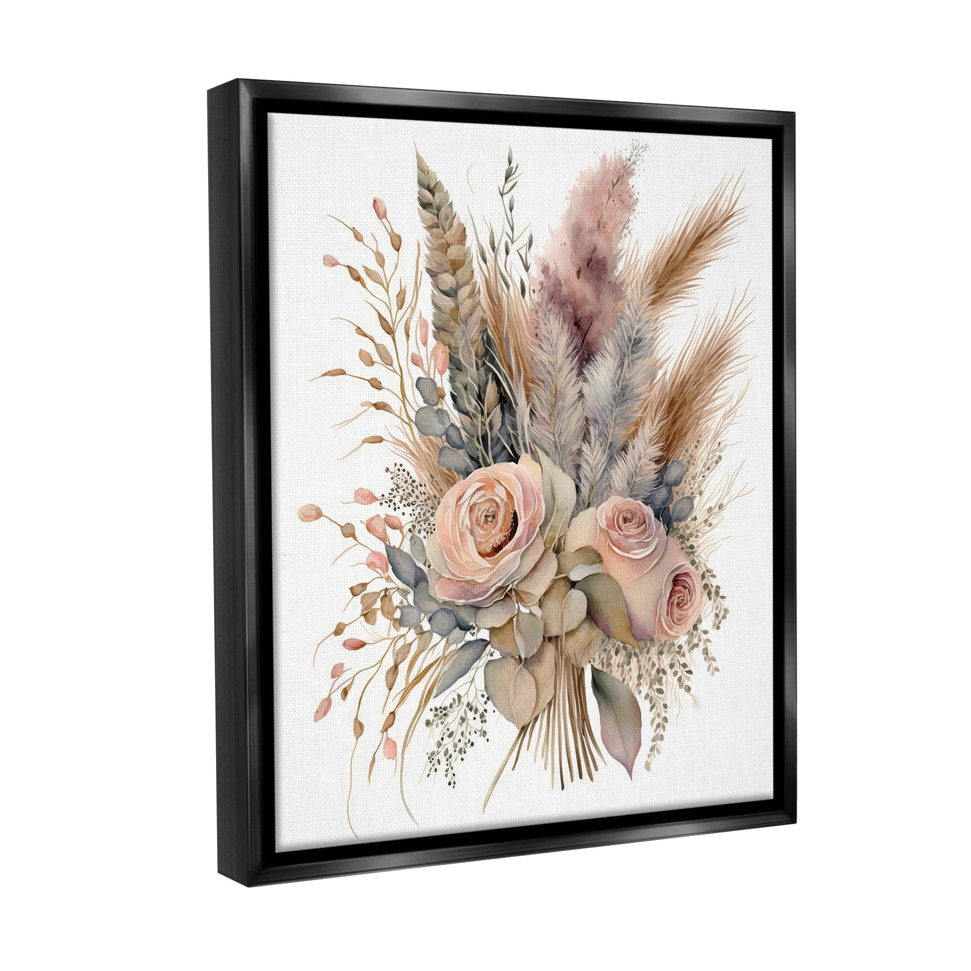 Stupell Industries Boho Rose Pampas Botanical & Floral Painting Black Floater Framed Canvas Art Print Wall Art, 17 x 21