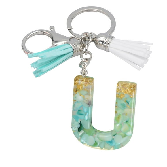 Llavero de letras con borlas verdes | Colgante de cristal acrílico | Lámina de oro, pegamento en gota, joyería de piedra engrosada | Amuleto de bolso con estilo, accesorio para mochila | 1 pieza