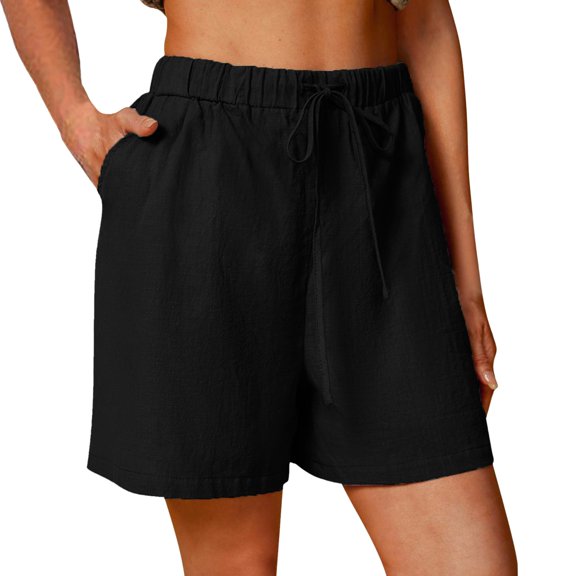 Jxximdong Shorts for Women Women Casual Solid High Waist Cotton And Linen Shorts Womens Elastic Waist Summer Shorts Black L Pants
