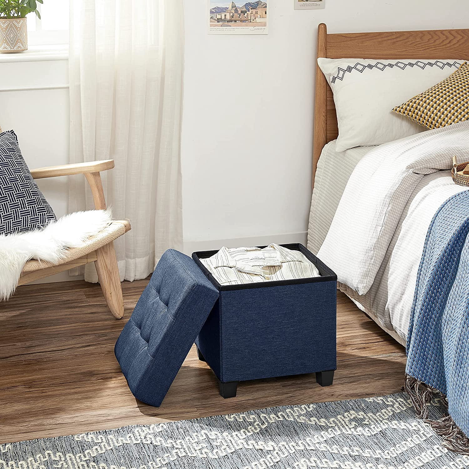 SONGMICS Storage Ottoman, 15" Padded Folding Bench, Chest with Lid, Navy Blue