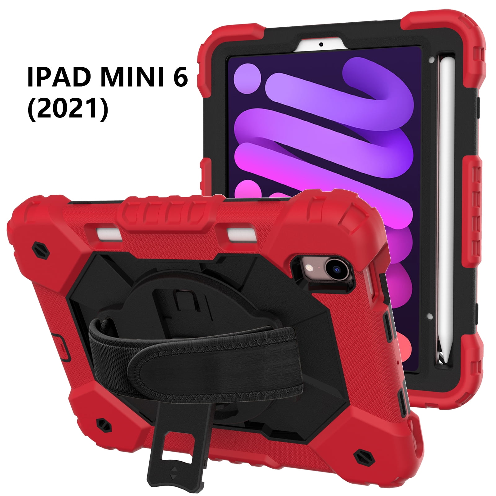 Case for iPad Mini 6 2021 8.3-inch, Kids Shockproof Rugged Hybrid 360 Rotating Stand Cover with Hand Shoulder Strap/Pencil Holder