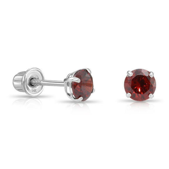 Tilo Jewelry 14K White Gold Red Round Stud Post Earrings with Cubic Zirconia CZ Birthstone | Secure Screw-Backs | January-Garnet | Women, Men & Unisex