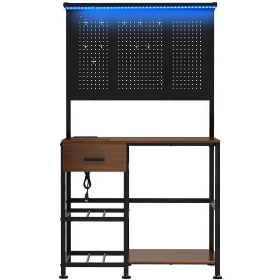 Extra-Large 3D Printer Shelf with Filament Rack, Durable Black & Brown MDF Metal Workstation with LED Lights & Power Hub