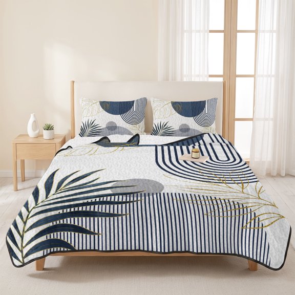 3 Pieces Twin Quilt Set,Abstract Leaf Arch Stripe Soft Bedding Sets with 1 Quilt & 2 Pillow Shams,Color Block Boho Style Summer Bedspread Lightweight Coverlet Comforter for All Season