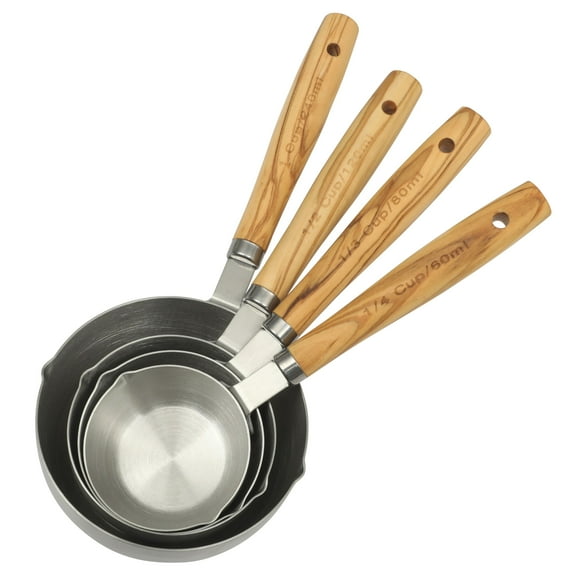 The Pioneer Woman 4-Piece Stainless Steel Measuring Cup Set for Cooking with Olivewood Handles