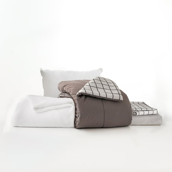 Dawn College Minimalist Bundle in Grey & Grid, 6-Piece Twin XL Dorm Bedding Set, Comforter, Sheets, Pillow, Pad and Blanket
