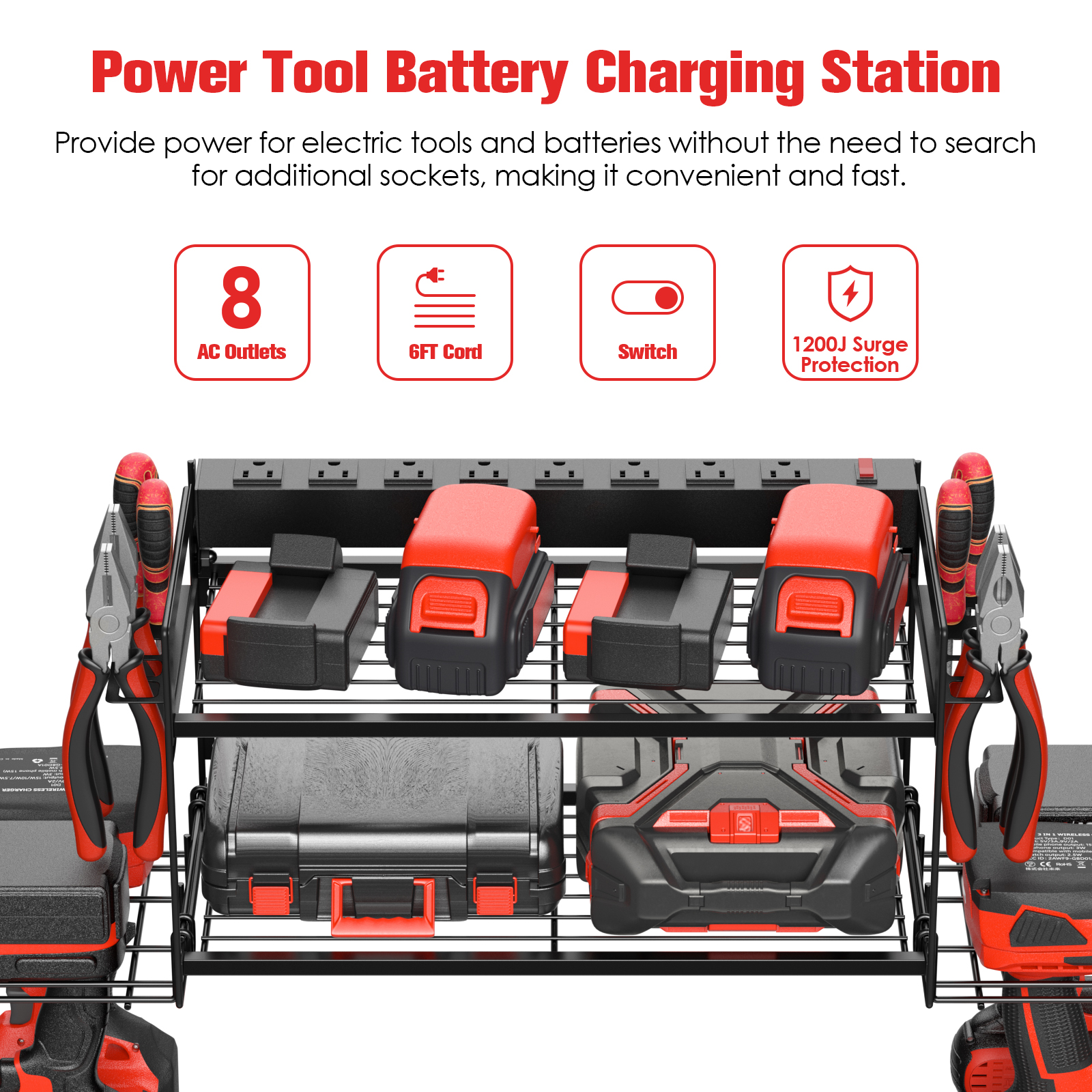 VILONG Power Tool Organizer with Charging Station–Cordless Drill Holder&Battery Storage Rack–Garage Wall Mount Tool Shelf Heavy Duty,Gift for Men,Black