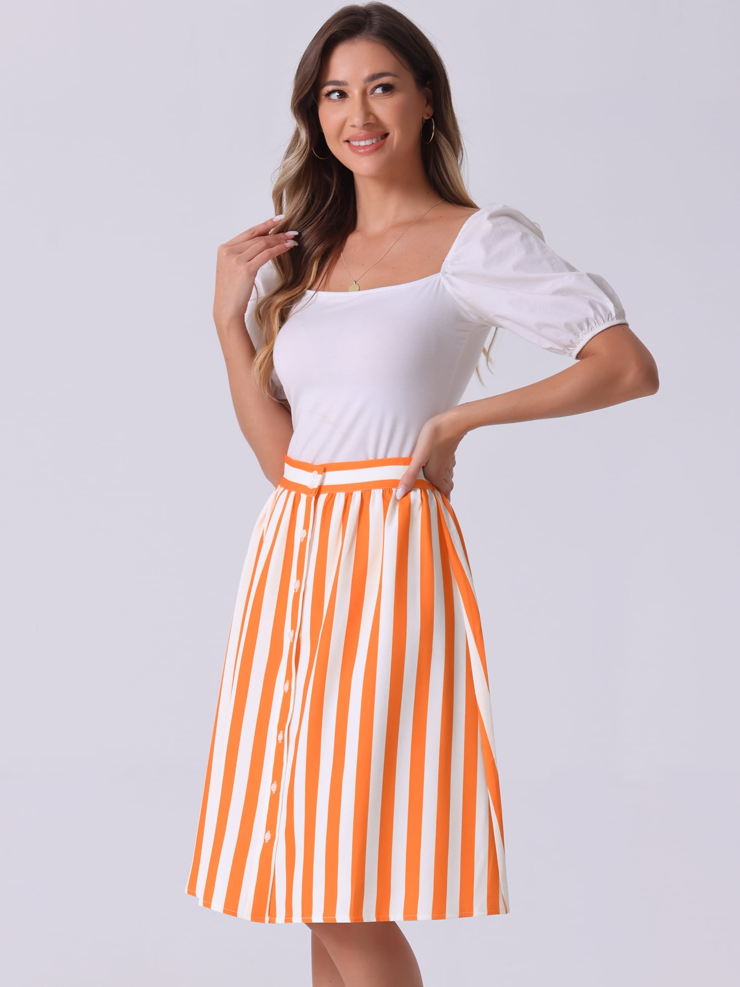 DARING DIVA Women's Striped Elastic Back Waist A-Line Midi Skirt X-Large Orange