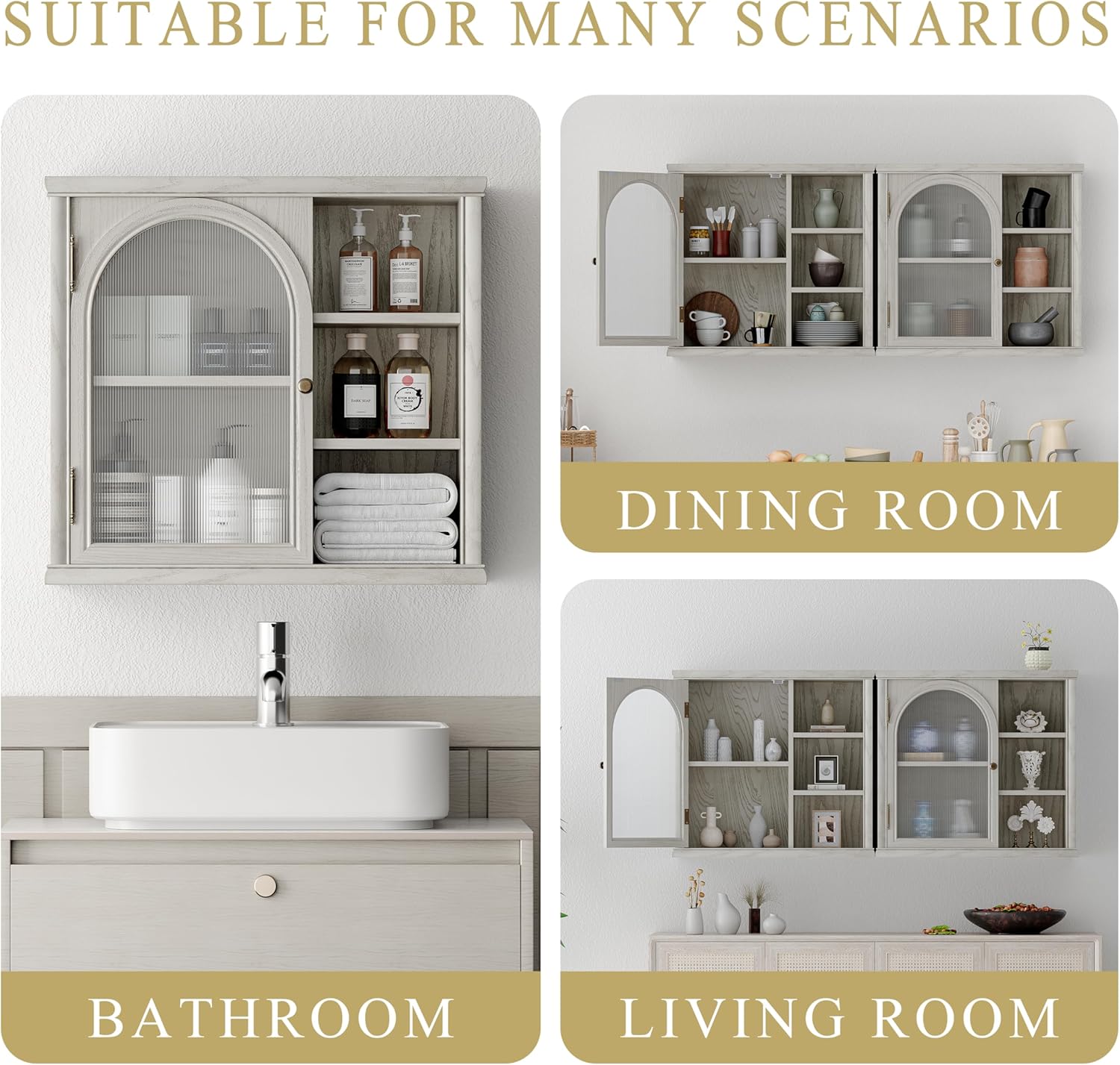 ANHDAH Bathroom Wall Cabinet Over Toilet with 2-Door & Adjustable Shelf, Solid Wood Medicine Cabinet for Kitchen Living Room, Gray