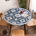 thumbnail image 5 of Bohemian White Blue Floral Elastic Fitted Round Table Cover Vintage Ethnic Style Waterproof Outdoor Tablecloth for Holiday Party, Picnic, Patio & Dining Fits Tables Up to 45"-54", 5 of 8