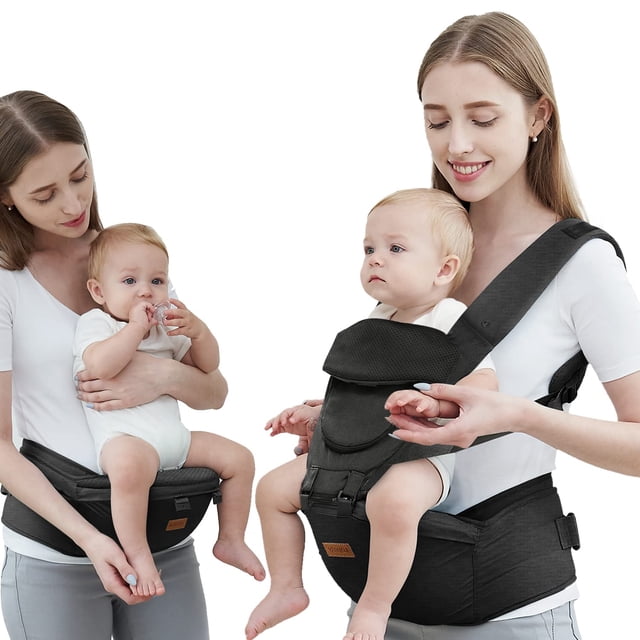 Portabebés con asiento para la cadera, portabebés para recién nacidos y niños pequeños, 6 en 1 formas de llevar, todas las estaciones, portabebés ajustable para lactancia (negro