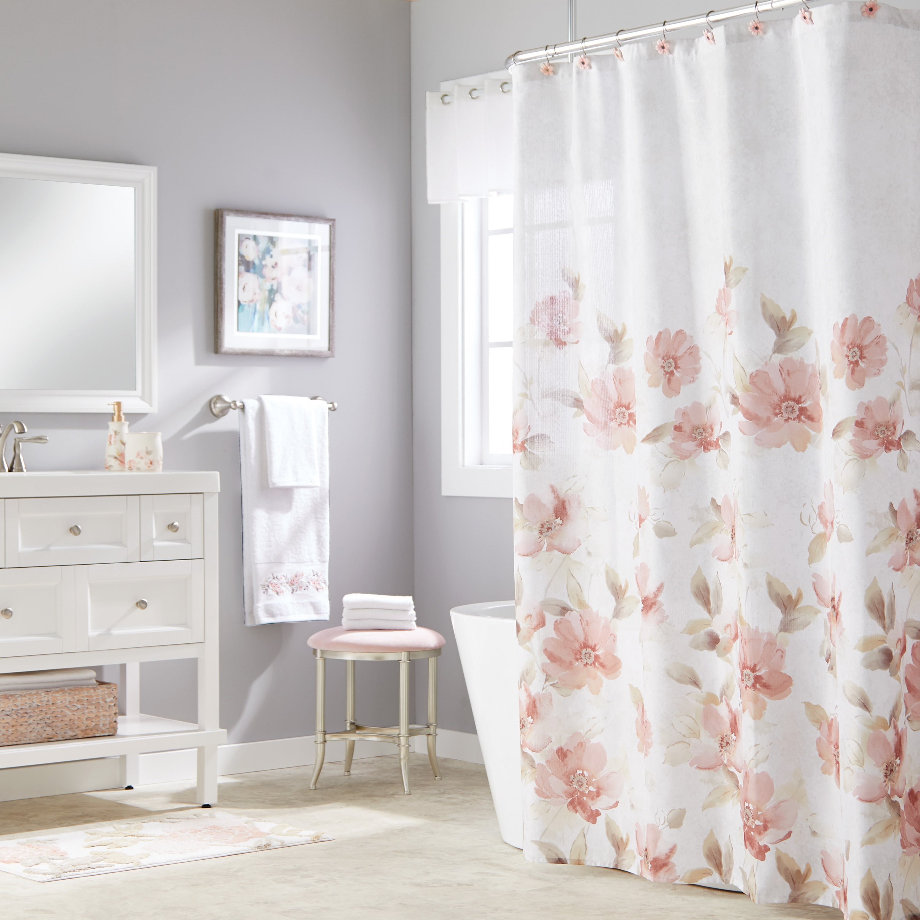 Skl Home Misty Fl Polyester Shower, Pink And Gray Flower Shower Curtain