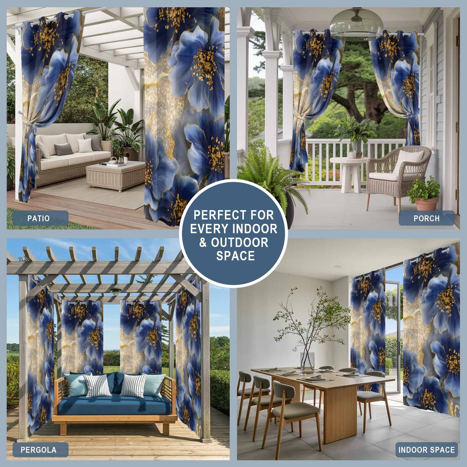 Dark Blue Flowers Outdoor Curtains for Patio, Romantic Dark Blue Floral Gold Marble Sunshade Privacy Drapes Grommet Waterproof Outside Curtains for Porch/Cabana/Balcony 54"x 108", 1 Panel