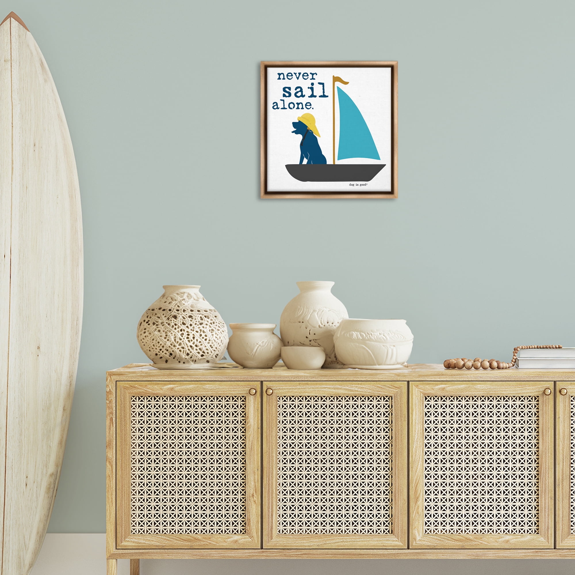 Stupell Industries Never Sail Alone Dog Animals Painting Brown Floater Framed Canvas Art Print Wall Art, 18 x 18
