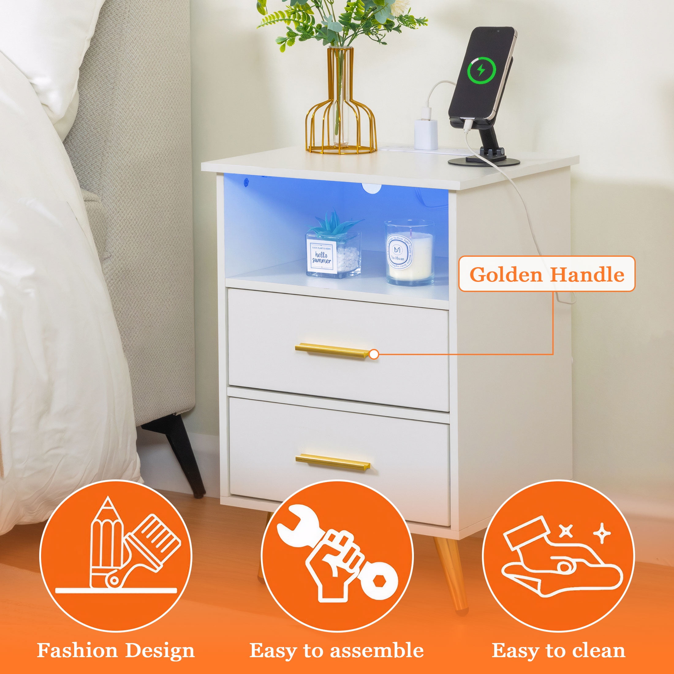 UHOMEPRO White Nightstand with Charging Station, Bedside Table with LED Lights Strips, Modern End Side Table, Versatile Nightstand with Drawers, Side Table for Home and Office