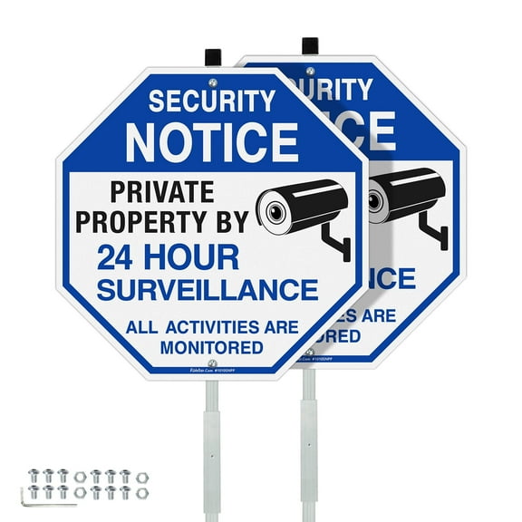 Faittoo Security Signs Private Property Video Surveillance Sign with 42" Stake, 2-Pack 10"x10" Rust Free Reflective Aluminum