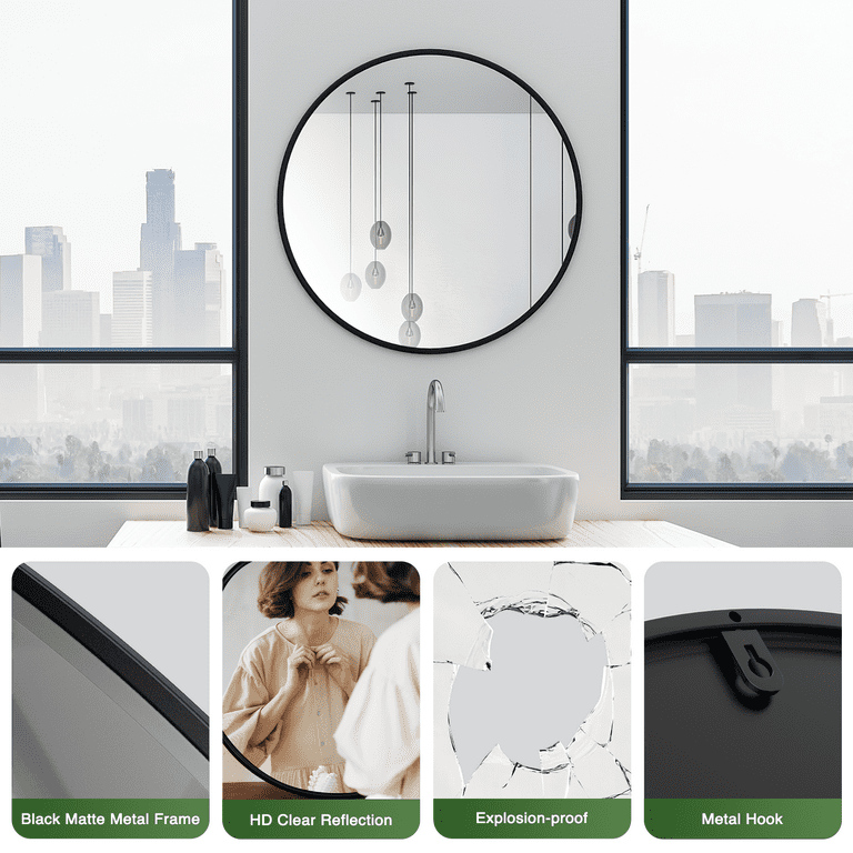 rozycher Round Mirror 24 Inch, Black Circle Mirror, Round Bathroom Mirror  for Wall, Wall Mirror Decor, Black Round Mirror for Bathroom, Living Room