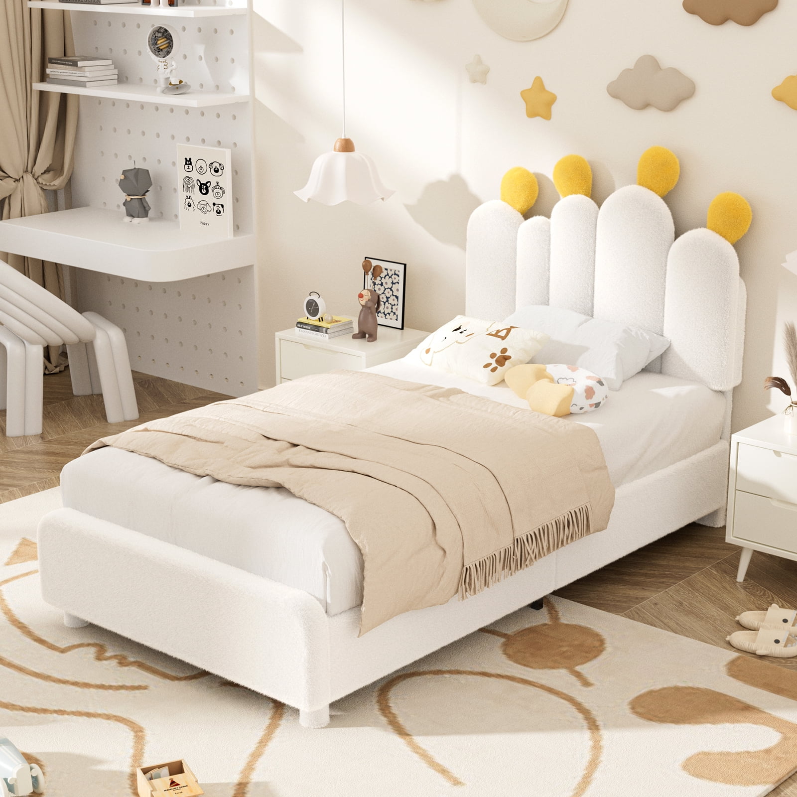 MOPHOTO Boucle bed frame Child Bed for Kids,Wood Upholstered Bed Frame with Adjustable Headboard,Standard Crib Size Toddler Bed,Certified Toddler Fabric Beds,Modern Platform Bed (White)