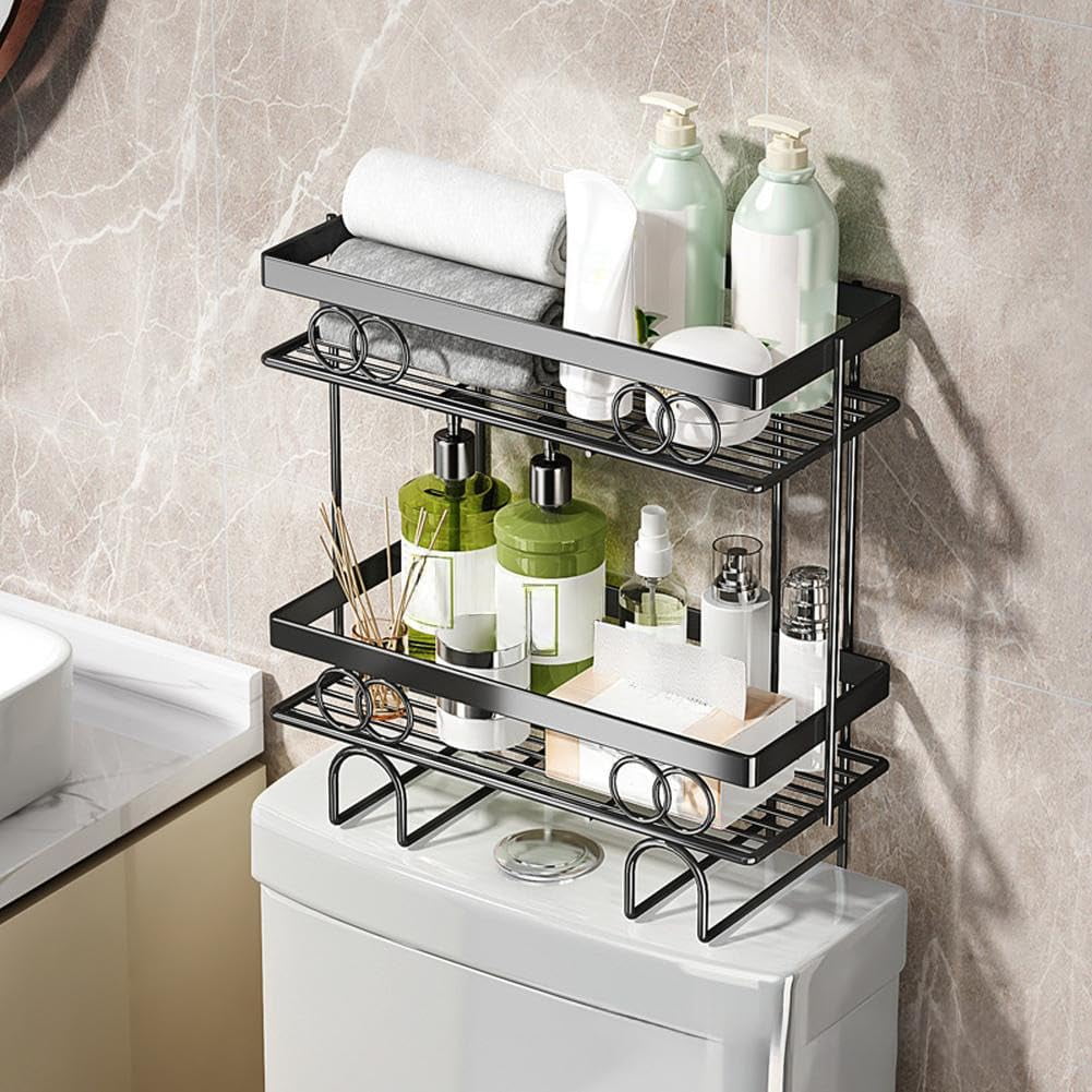 COZONY 13.4" Over The Toilet Storage Shelf, 1-Tier Bathroom Organizer with Adhesive No-Drill Installation, Space Saver for Small Bathrooms,Black