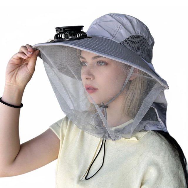Full Coverage Sun Hat With Mosquito Net & Cooling Fan UPF50 UV Protection Wide Brim Shoulder