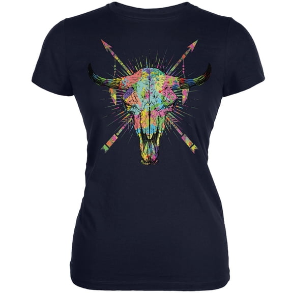 Splatter Cow Skull Navy Juniors Soft T-Shirt - Medium
