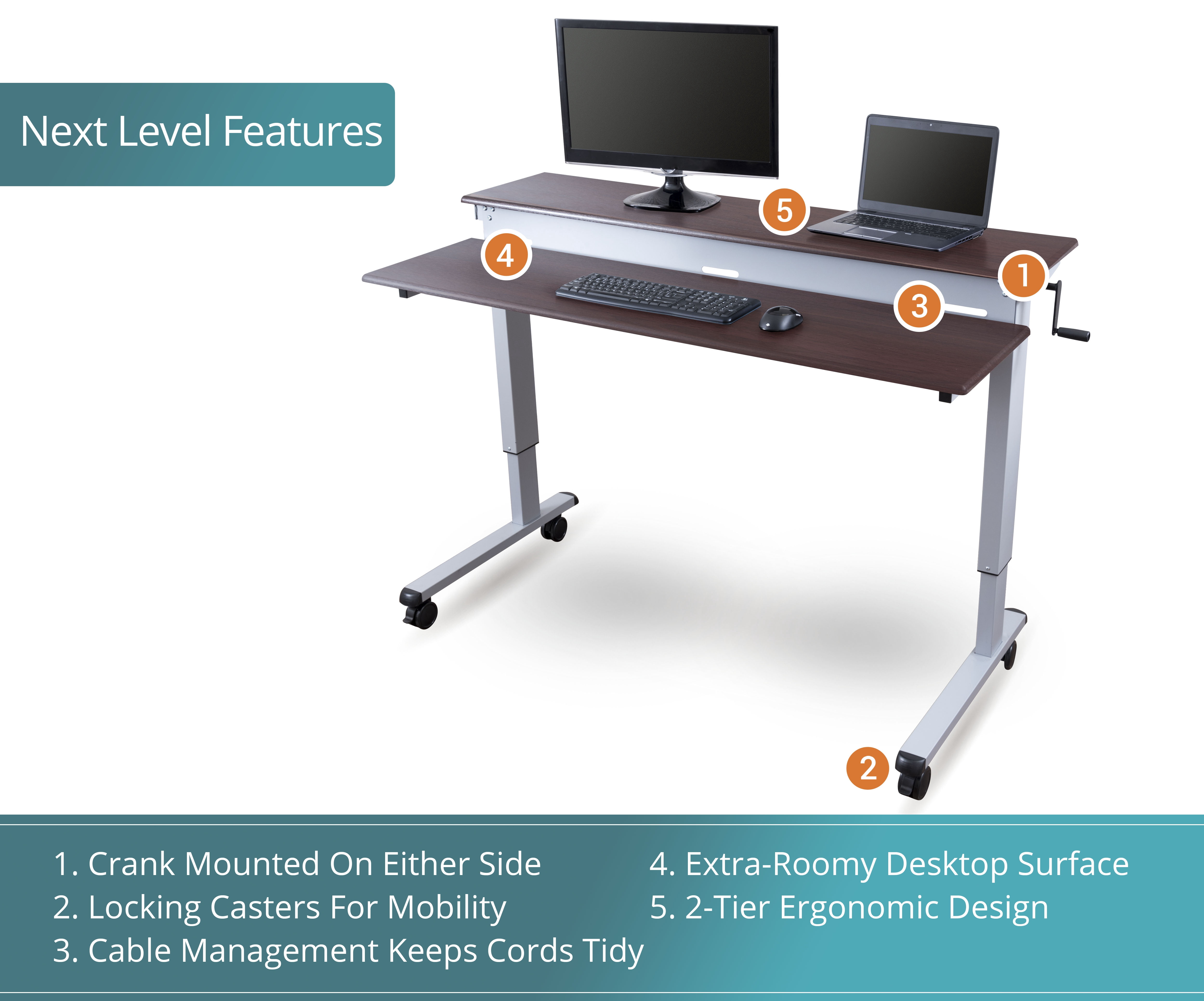 Stand Up Desk Store Crank Adjustable Tier Standing Desk with Heavy Duty Steel Frame (Silver Frame/Dark Walnut Top, 48" Wide)