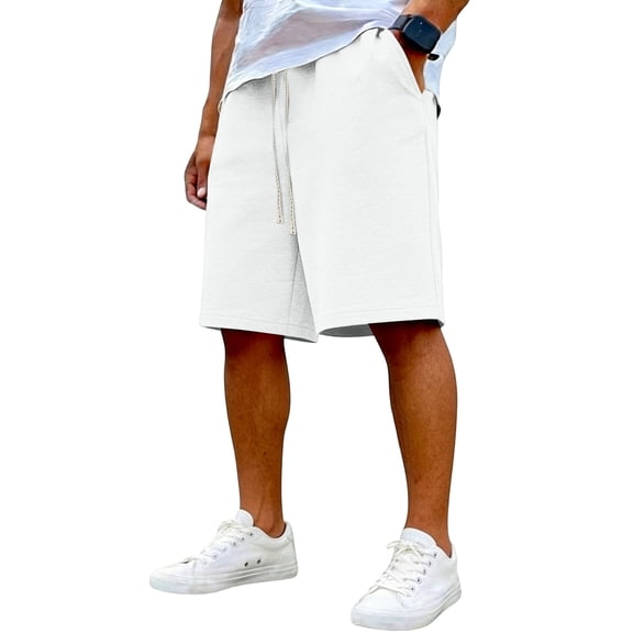 Domuza Mens Casual Shorts Elastic Waist Shorts Stretch Drawstring Summer Beach Shorts White L