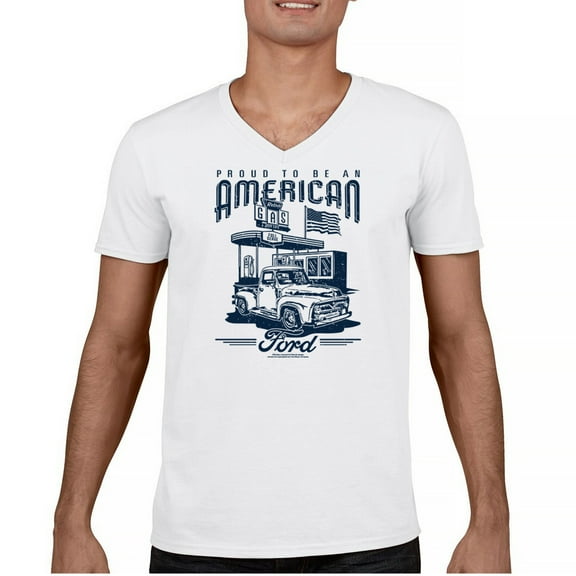 Proud To Be An American Ford V-Neck T-shirt Patriotic Retro Vintage F-Series Truck 1950s F100 USA Flag Licensed Tee