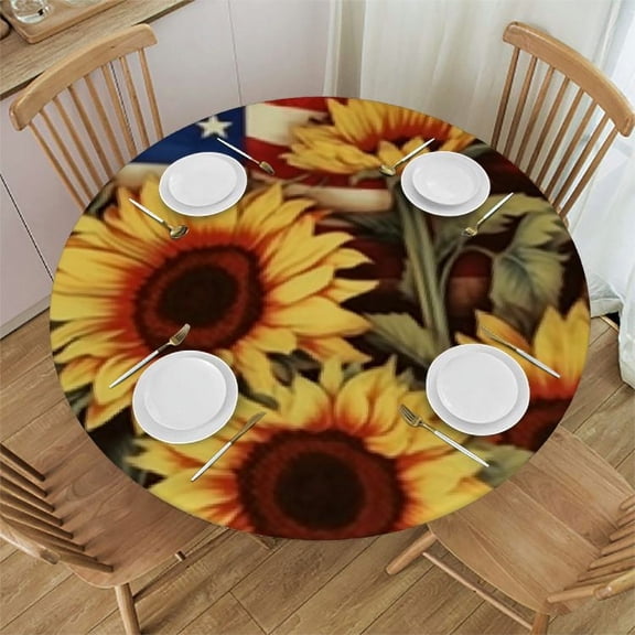 HAOXIT Sunflowers Round Tablecloth with Elastic Edge, Washable Decor Table Covers for Kitchen Dining Outdoor Parties (Fit for Round Table) 31-35