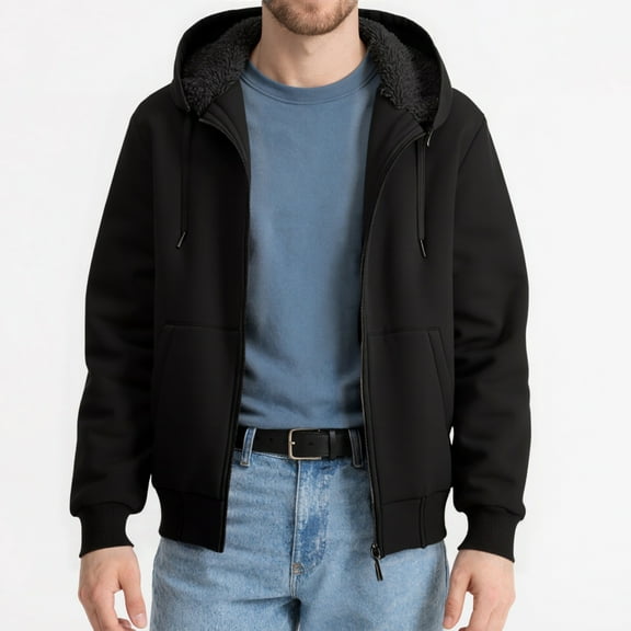 SPEEDRUN Men's Full Zip Fleece Hoodie, Men Zip Up Sherpa Lined Hoodie Mens Black Zip Up Fuzzy Jacket Winter Coats Black M