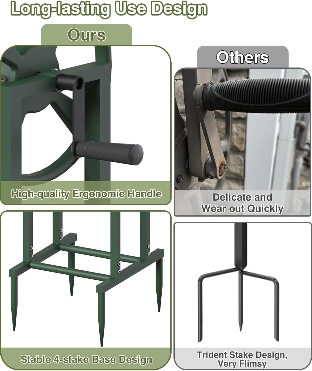 Freestanding Garden Hose Reel holds 125ft Hose of 5/8" with 4 Hooks, 4-Spike Outdoor Hose Holder with 3.9ft Leader Hose & Brass Fitting, Detachable Metal Hose Stand with Storage Rack, Green