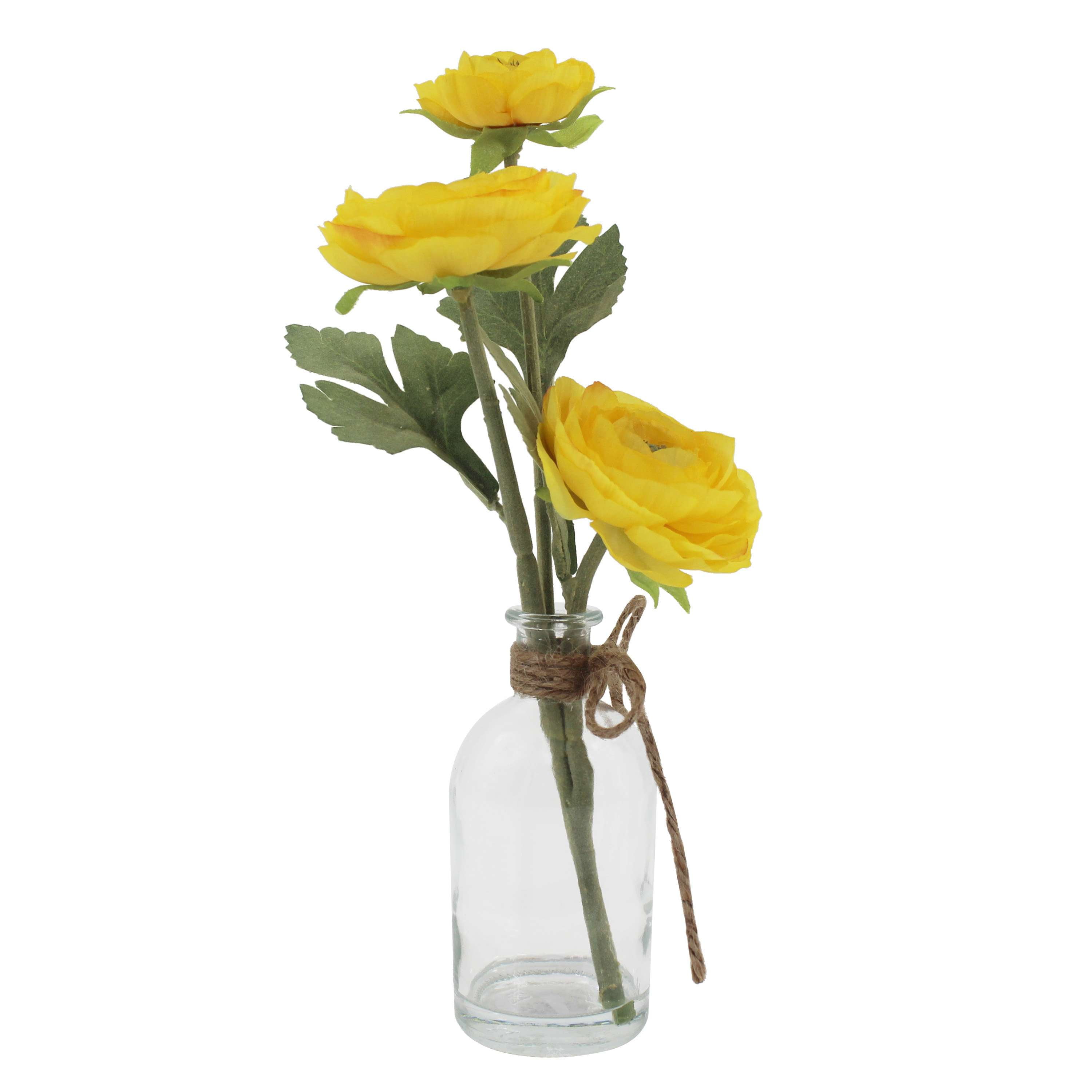 Mainstays 11.5 in Artificial Silk Yellow Flower in Clear Glass Bottle