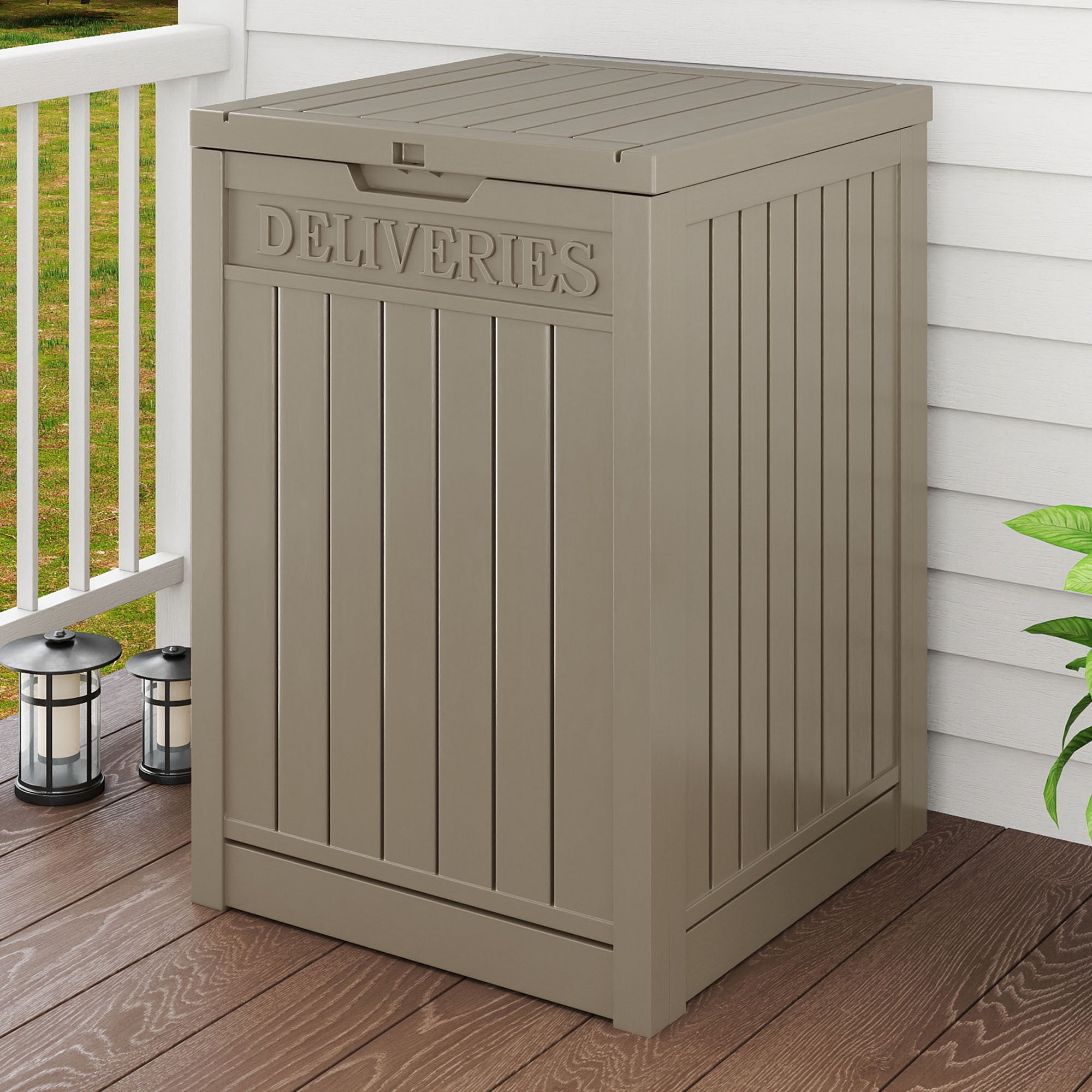 Uforic 51 Gallon Large Outdoor Resin Package Delivery Box, Waterproof Lockable Deck Storage Box for Porch & Curbside, Light Brown