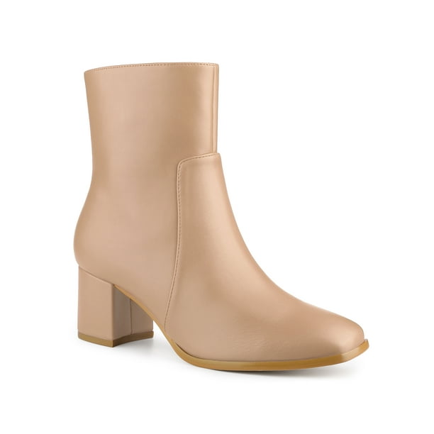 Unique Bargains Women s Square Toe Side Zip Block Heel Ankle Boots Nude Size 5.5
