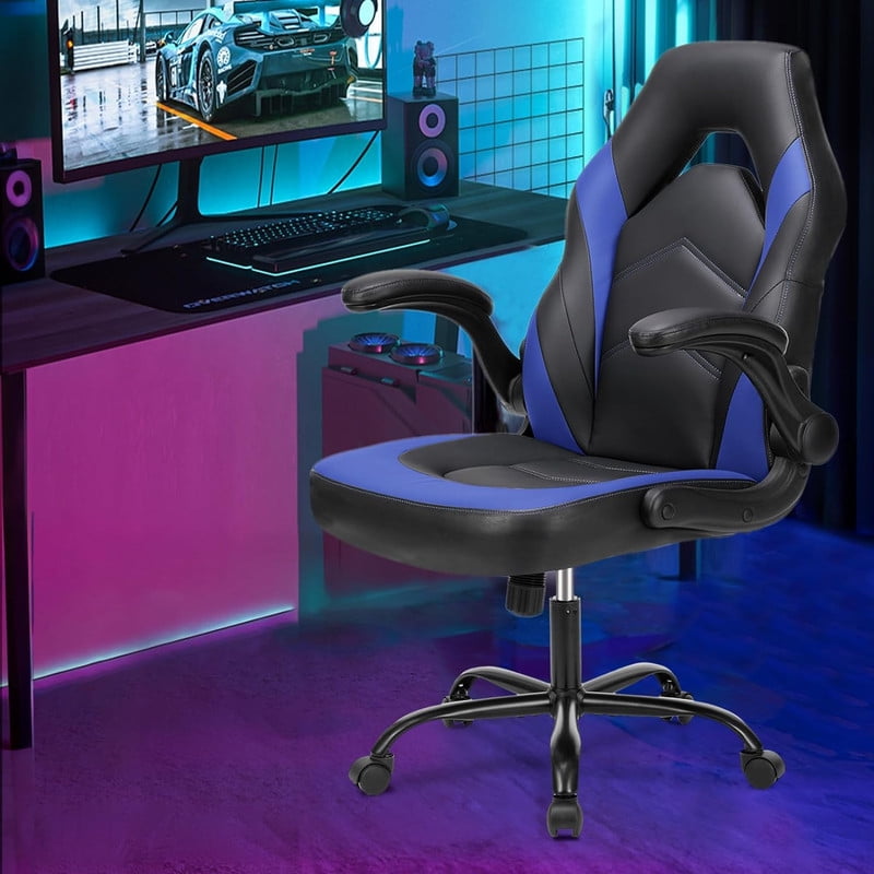 Beddle Gaming Office Chair, Ergonomic PU Leather High Back Swivel Computer Desk Chair with Flip-up Arms, Lumbar Support, Black Blue