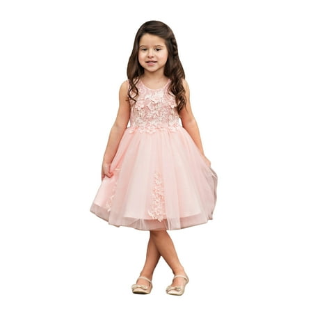Little Girls Pink Floral Applique Tulle Flower Girl Dress - Walmart.com