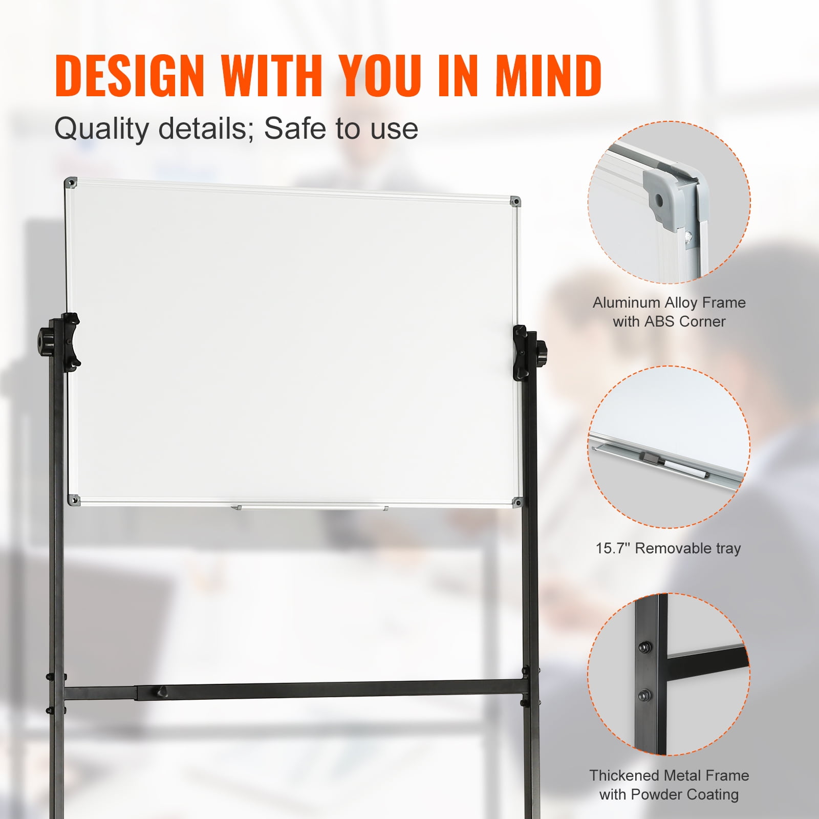 KFFKFF Movable Magnetic Whiteboard, Dual-faced Mobile Dry Erase Board 36x24 Inches, Height Modifiable with Rollers, Includes 1 Magnetic Eraser & 3 Dry Erase Markers & Portable Tray for Office, School
