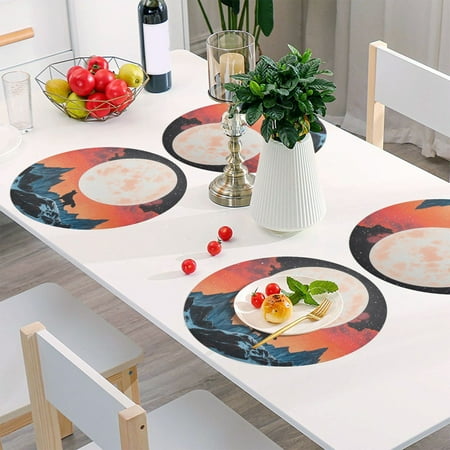 

Round Grid Placemat One Sizex4 Round Placemat PVC Plate Mat，15.4 Inch Non-Slip and Heat Resistant Table Placemat Dining Room Placemat Cool Wolf under The Moon