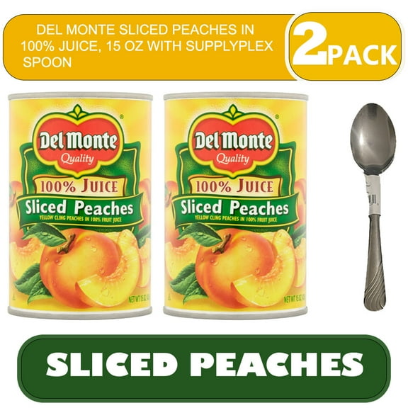 2PACK| Del Monte Sliced Peaches in 100% Juice, 15 oz WITH SUPPLYPLEX  SPOON