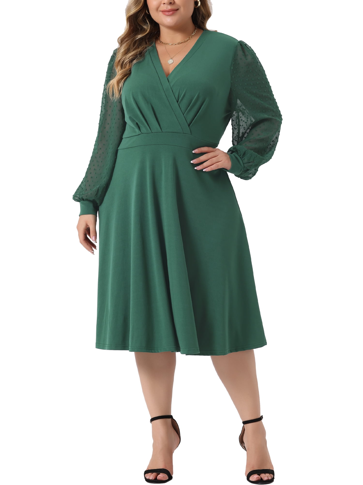 DARING DIVA Plus Size Swiss Dots Wrap V Neck Knee Length Dress 1X Green