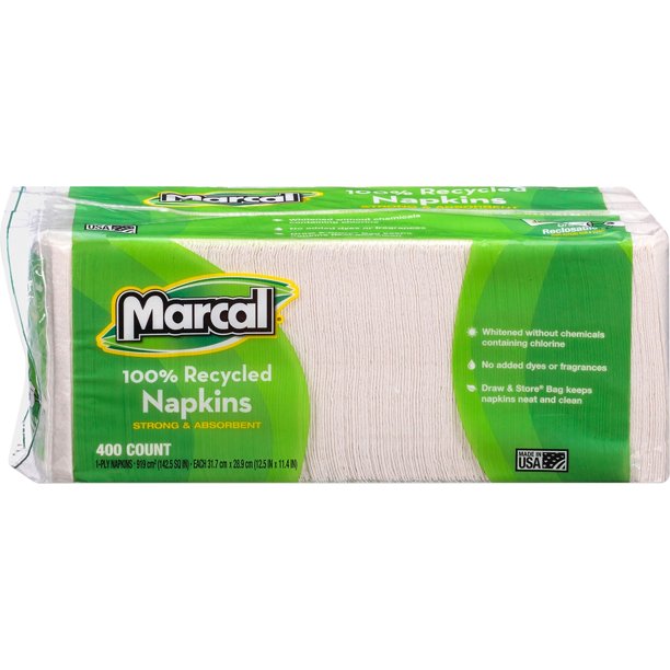 Marcal 100 Recycled Luncheon Napkins, 11.4 x 12.5, White, 400/Pack