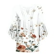 thumbnail image 4 of Pink Ruffle 3/4 Length Bell Sleeve Tshirts for Women Summer Fall Vneck Floral Graphic Loose Fit Casual Pleated Tee Shirt Tops Ladies 2025 Clothes XL, 4 of 4